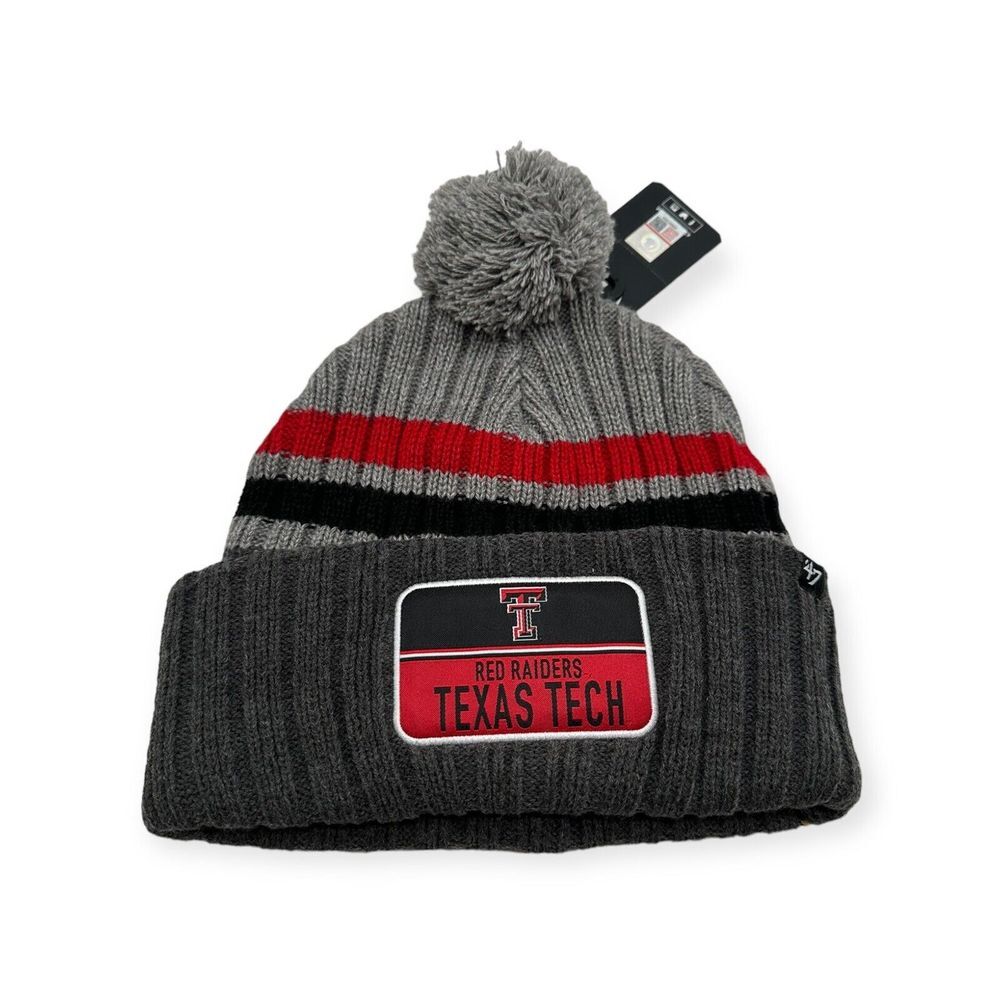 '47 Texas Tech Red Raiders Beanie Gray Stack Striped Patch Pom Knit Cuff Hat Cap
